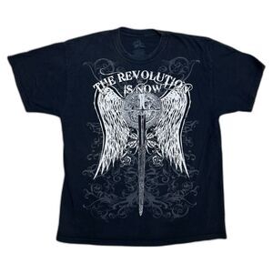 Vintage Y2K T-Shirt Mens XL Revolution Cross‎ Wings Graphic Pinkman